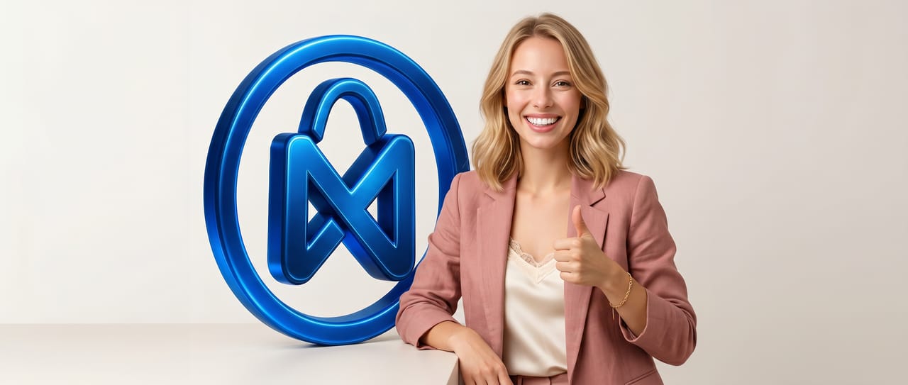 Klick-Home-Mitarbeiterin zeigt Daumen hoch vor dem Markenlogo